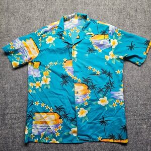 Vintage Islander Mens Teal Tropical Palm Tree Sunset Hibiscus Button Up Shirt L
